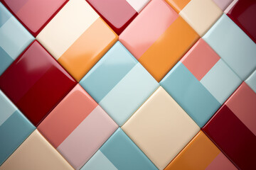 Mosaic tile pattern in pink, yellow, red and light blue colours. Tiles for the bathroom wall or kitchen. Generative AI. Copy space.