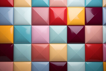 Mosaic tile pattern in pink, yellow, red and light blue colours. Tiles for the bathroom wall or kitchen. Generative AI. Copy space.