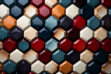 Mosaic tile pattern in red, blue and beige colours. Tiles for the bathroom wall or kitchen. Generative AI. Copy space.