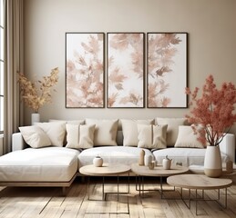 Mockup of a poster frame in a background of a minimalist modern living room interior, 3D render. Made with Generative AI technology
