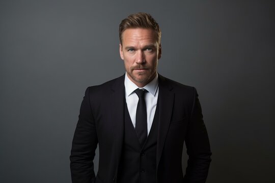 Portrait of a handsome man in a suit on a gray background