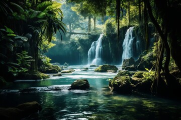 Majestic Waterfall Surrounded by Lush Vegetation, Generative AI.