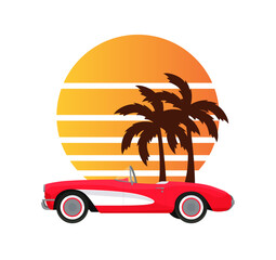 Red classic corvette car. Summer sunset with palm trees background in retro vintage style. Design print illustration, sticker, poster. Vector