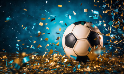 Soccer match winning celebration. Football ball with glitter and confetti