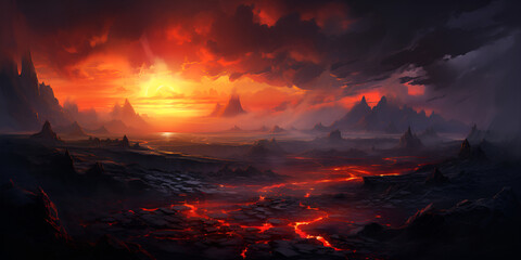 Mordor landscape with fiery sky and dark smoke columns in the background - obrazy, fototapety, plakaty