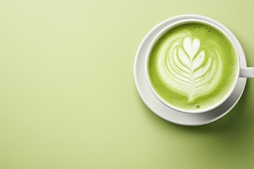 Matcha tea in a coffee or teahouse with copy space.