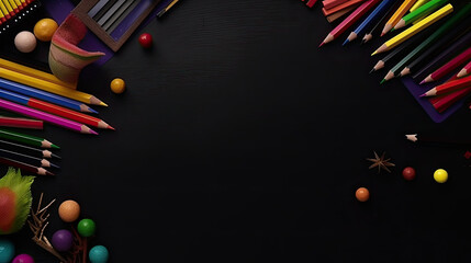 School supplies on a blackboard background. Back to school concept.