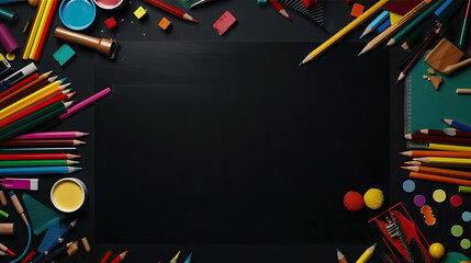 School supplies on blackboard background. Back to school concept. Top view