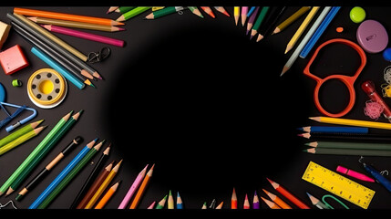 School supplies on black background. Back to school concept. Copy space.