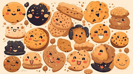 Set of cute cookies with different facial expressions. cartoon style.