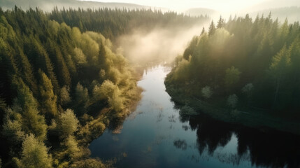 Aerial view of the river flowing through the forest in the morning