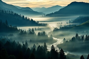 Misty Valley with Wisps of Fog Floating Through The Trees, Generative AI