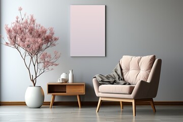 Living room design. View of modern scandinavian style interior with chair. Home staging and minimalism concept. Pastel colour