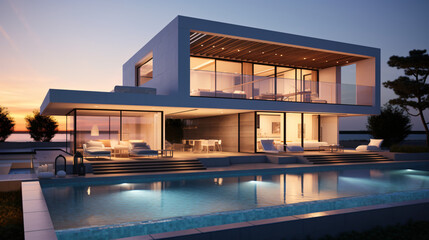 Fototapeta na wymiar Exterior of modern minimalist cubic villa with swimming pool