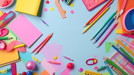 School and office supplies on blue background. Back to school concept.
