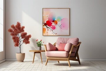 Living room design. View of modern scandinavian style interior with chair. Home staging and minimalism concept. Pastel colour