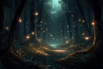 Fireflies night forest. Generate Ai