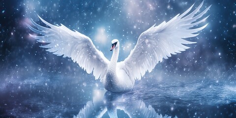 AI Generated. AI Generative. Winter snow ice cold swan bird. Elegance beautiful nature outdoor wild bird art view explore