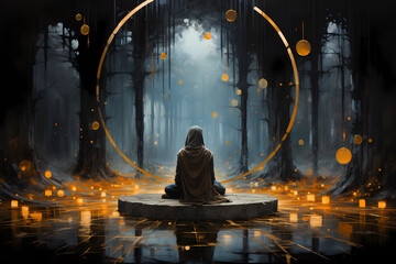 Abstract painting of a lady sitting in the middle of a fantasy world in peace, Generative AI 