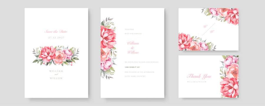 wedding invitation, thank you,details,menu,welcome,boho,minimal template design with watercolor pink leaf and branch, watercolor invitation, beautiful floral wreath.