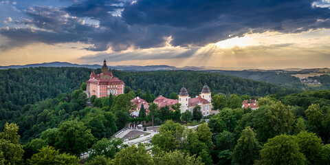 A beautiful sunset aerial panorama shot near Książ Castle, Walbrzych, Poland.