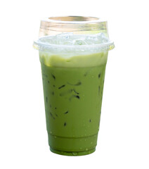 Iced matcha green tea Latte with condensed milk in transparent plastic glass isolated on white background with clipping path. in png file format
