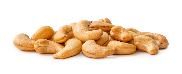 Roasted brown cashew nuts in stack isolated on white background with clipping path