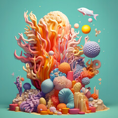 illustration of an underwater seascape, colorful arrangements, pastel shades, soft and rounded forms, joyful celebration of nature