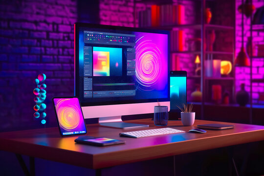 glowing laptop and other electronics on a table, in the style of realistic and hyper-detailed renderings, neon colors