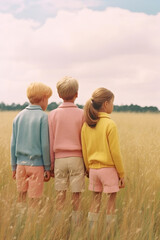 three children pose in a field, photorealistic detail, rainbowcore, 1960s, light pink and yellow, colorful 