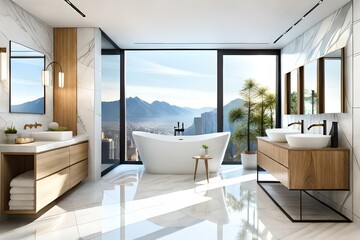 Stylish bathroom interior design with marble panels. Bathtub, towels and other personal bathroom accessories. Modern glamour interior concept. Roof window. Template.