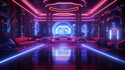 Step into a mesmerizing futuristic room, bathed in neon lights, where the ambiance exudes a sense of otherworldly wonder. (AI Generative)