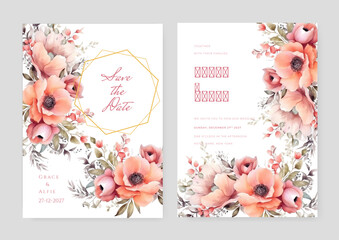 wedding invitations with purple elegant flowers and leaves
