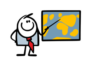 Male friendly teacher shows countries on a geographical map of the world with a pointer. Vector illustration of a lesson at school.