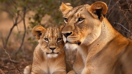 Obraz na płótnie Canvas Lioness with baby. Generative AI