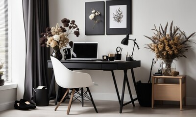 A stylish composition of a home office interior showcases a sleek black wooden desk paired with a matching chair.