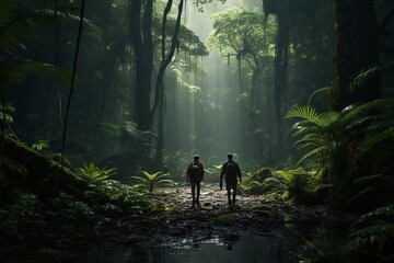 Photograph of people exploring tropical rainforests, Generative AI