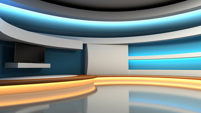 Tv Studio. News studio. News room. Background for newscast. Backdrop for video or photo production. Generative AI technology.V