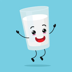 Cute happy milk glass character. Funny jump milk cartoon emoticon in flat style. dairy emoji vector illustration