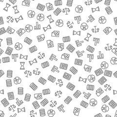 Analytics vector seamless pattern. Texture background with thin line icons. Black outline symbols of business on white background. Seamless vector pattern for web design, printable product, etc.