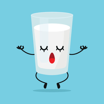 Cute Relax Milk Glass Character. Funny Yoga Milk Cartoon Emoticon In Flat Style. Dairy Emoji Meditation Vector Illustration