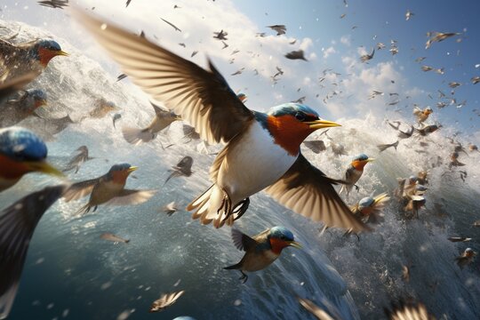 Photography of birds on their migratory flights in incredible formations, Generative AI