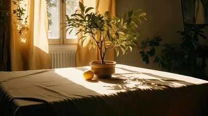 A table with a beige linen tablecloth and some summer plant,interior of room