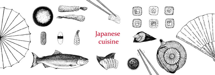 Japanese Restaurant Menu. Hand-drawn illustration of dishes and products. Ink. Vector