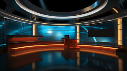 Tv Studio. News studio. News room. Background for newscast. Backdrop for video or photo production. Generative AI technology.V