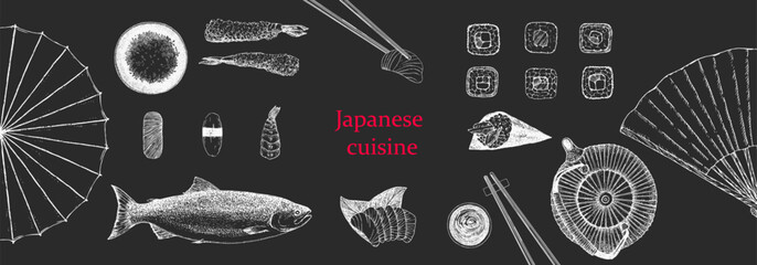 Japanese Restaurant Menu. Hand-drawn illustration of dishes and products. Ink. Vector