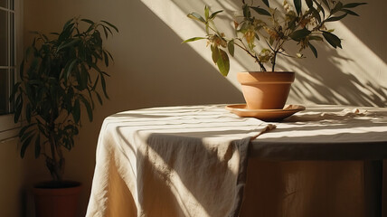 A table with a beige linen tablecloth and some summer plant,interior of room