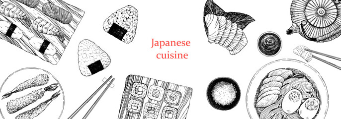 Japanese Restaurant Menu. Hand-drawn illustration of dishes and products. Ink. Vector