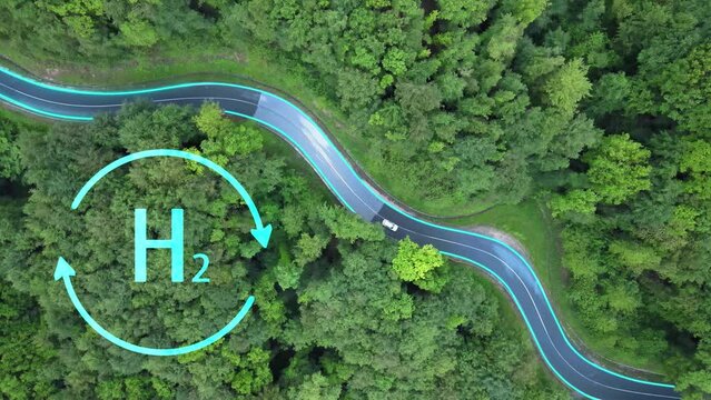 White car driving on hydrogen power in eco environment. Motion graphic animation