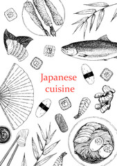 Japanese Restaurant Menu. Hand-drawn illustration of dishes and products. Ink. Vector